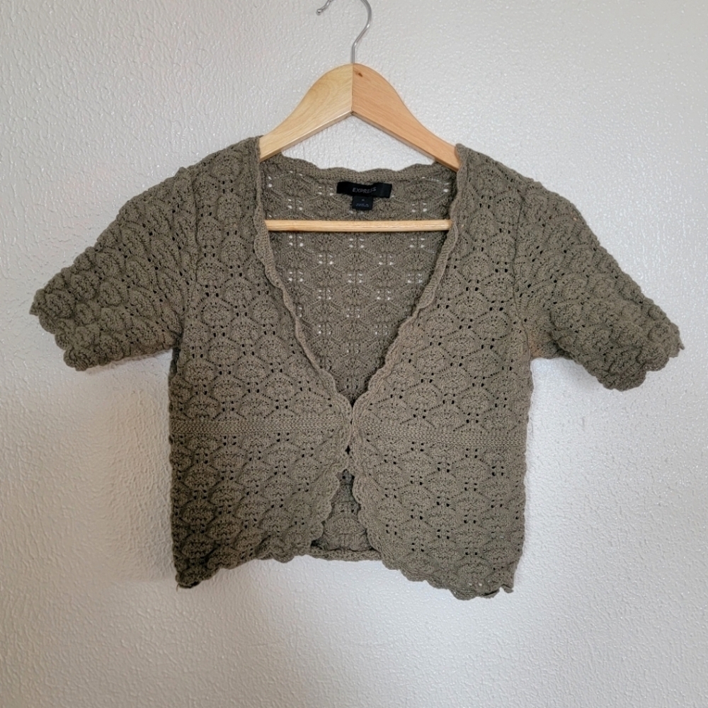 y2k Express Coquette Crochet Cropped Cardigan sz XS/S Green